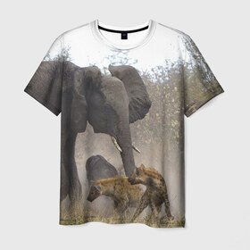 Мужская футболка 3D с принтом Гиены охотятся на слона в Тюмени, 100% полиэфир | прямой крой, круглый вырез горловины, длина до линии бедер | африка | африканский | бивни | большой | гигант джунгли | гиены | индийский | индия | лесной великан | мамонт | огромный | охота | саванна | сафари | серый | слон | слониха | стадо | уши | хобот