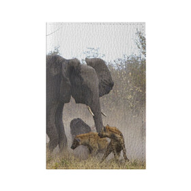 Обложка для паспорта матовая кожа с принтом Гиены охотятся на слона в Тюмени, натуральная матовая кожа | размер 19,3 х 13,7 см; прозрачные пластиковые крепления | африка | африканский | бивни | большой | гигант джунгли | гиены | индийский | индия | лесной великан | мамонт | огромный | охота | саванна | сафари | серый | слон | слониха | стадо | уши | хобот