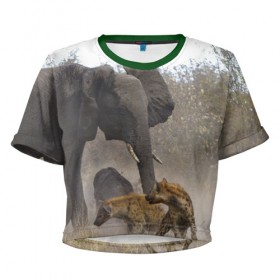 Женская футболка 3D укороченная с принтом Гиены охотятся на слона в Тюмени, 100% полиэстер | круглая горловина, длина футболки до линии талии, рукава с отворотами | африка | африканский | бивни | большой | гигант джунгли | гиены | индийский | индия | лесной великан | мамонт | огромный | охота | саванна | сафари | серый | слон | слониха | стадо | уши | хобот
