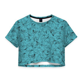 Женская футболка 3D укороченная с принтом Осьминоги в Тюмени, 100% полиэстер | круглая горловина, длина футболки до линии талии, рукава с отворотами | дайвинг | кракен | ктулху | малюск | море | океан | осьминог | паттерн | рыбалка | спрут