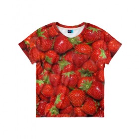 Детская футболка 3D с принтом Клубника 3 в Тюмени, 100% гипоаллергенный полиэфир | прямой крой, круглый вырез горловины, длина до линии бедер, чуть спущенное плечо, ткань немного тянется | десерт | еда | клубника | красный | лето | текстура | узор | ягоды