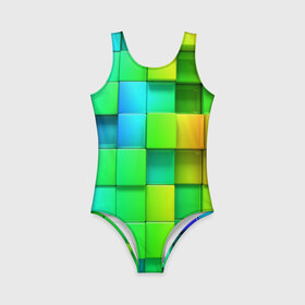 Детский купальник 3D с принтом Пазлы в Тюмени, Полиэстер 85%, Спандекс 15% | Слитный крой, подклад по переду изделия, узкие бретели | Тематика изображения на принте: абстракция | годнота | зеленый. кубы | пазлы | радуга | яркий