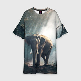 Детское платье 3D с принтом Слон в лесу в Тюмени, 100% полиэстер | прямой силуэт, чуть расширенный к низу. Круглая горловина, на рукавах — воланы | африка | африканский | бивни | большой | гигант джунгли | зоопарк | индийский | индия | лесной великан | мамонт | огромный | саванна | сафари | серый | слон | слоненок | слониха | стадо | уши | хобот