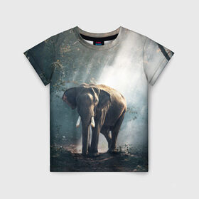 Детская футболка 3D с принтом Слон в лесу в Тюмени, 100% гипоаллергенный полиэфир | прямой крой, круглый вырез горловины, длина до линии бедер, чуть спущенное плечо, ткань немного тянется | Тематика изображения на принте: африка | африканский | бивни | большой | гигант джунгли | зоопарк | индийский | индия | лесной великан | мамонт | огромный | саванна | сафари | серый | слон | слоненок | слониха | стадо | уши | хобот