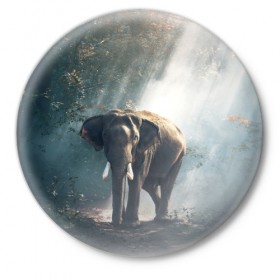 Значок с принтом Слон в лесу в Тюмени,  металл | круглая форма, металлическая застежка в виде булавки | Тематика изображения на принте: африка | африканский | бивни | большой | гигант джунгли | зоопарк | индийский | индия | лесной великан | мамонт | огромный | саванна | сафари | серый | слон | слоненок | слониха | стадо | уши | хобот