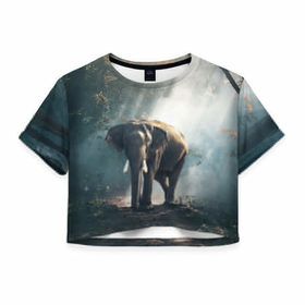Женская футболка 3D укороченная с принтом Слон в лесу в Тюмени, 100% полиэстер | круглая горловина, длина футболки до линии талии, рукава с отворотами | африка | африканский | бивни | большой | гигант джунгли | зоопарк | индийский | индия | лесной великан | мамонт | огромный | саванна | сафари | серый | слон | слоненок | слониха | стадо | уши | хобот