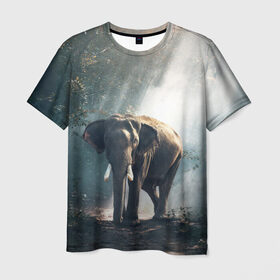 Мужская футболка 3D с принтом Слон в лесу в Тюмени, 100% полиэфир | прямой крой, круглый вырез горловины, длина до линии бедер | африка | африканский | бивни | большой | гигант джунгли | зоопарк | индийский | индия | лесной великан | мамонт | огромный | саванна | сафари | серый | слон | слоненок | слониха | стадо | уши | хобот
