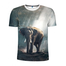 Мужская футболка 3D спортивная с принтом Слон в лесу в Тюмени, 100% полиэстер с улучшенными характеристиками | приталенный силуэт, круглая горловина, широкие плечи, сужается к линии бедра | африка | африканский | бивни | большой | гигант джунгли | зоопарк | индийский | индия | лесной великан | мамонт | огромный | саванна | сафари | серый | слон | слоненок | слониха | стадо | уши | хобот