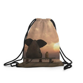 Рюкзак-мешок 3D с принтом Слон с собакой на лавке, закат в Тюмени, 100% полиэстер | плотность ткани — 200 г/м2, размер — 35 х 45 см; лямки — толстые шнурки, застежка на шнуровке, без карманов и подкладки | 