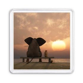 Магнит 55*55 с принтом Слон с собакой на лавке, закат в Тюмени, Пластик | Размер: 65*65 мм; Размер печати: 55*55 мм | 
