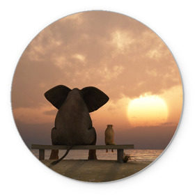 Коврик круглый с принтом Слон с собакой на лавке, закат в Тюмени, резина и полиэстер | круглая форма, изображение наносится на всю лицевую часть | 
