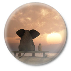 Значок с принтом Слон с собакой на лавке, закат в Тюмени,  металл | круглая форма, металлическая застежка в виде булавки | 
