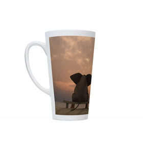 Кружка Латте с принтом Слон с собакой на лавке, закат в Тюмени, Белая керамика | Объем 480 мл; Высота 150 мм; Диаметр 90 мм | 