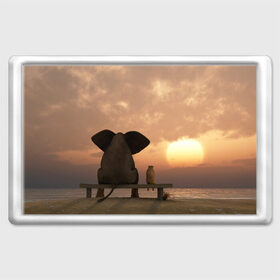 Магнит 45*70 с принтом Слон с собакой на лавке, закат в Тюмени, Пластик | Размер: 78*52 мм; Размер печати: 70*45 | Тематика изображения на принте: 