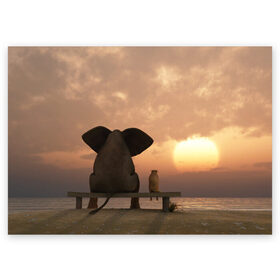 Поздравительная открытка с принтом Слон с собакой на лавке, закат в Тюмени, 100% бумага | плотность бумаги 280 г/м2, матовая, на обратной стороне линовка и место для марки
 | Тематика изображения на принте: 