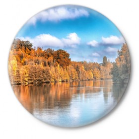 Значок с принтом Река в Тюмени,  металл | круглая форма, металлическая застежка в виде булавки | Тематика изображения на принте: берег | вода | деревья | лес | небо | осень | природа | река