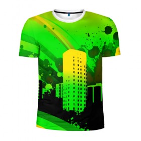 Мужская футболка 3D спортивная с принтом Город в красках в Тюмени, 100% полиэстер с улучшенными характеристиками | приталенный силуэт, круглая горловина, широкие плечи, сужается к линии бедра | Тематика изображения на принте: 3d | город | другие | зеленый | картинка | красивые | краски | прикольные | пятна | радуга | свет | цветные | яркие