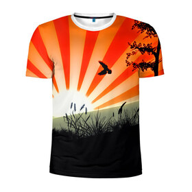Мужская футболка 3D спортивная с принтом Закат в Тюмени, 100% полиэстер с улучшенными характеристиками | приталенный силуэт, круглая горловина, широкие плечи, сужается к линии бедра | 3d | деревья | другие | закат | картинка | лето | линии | полосы | прикольные | природа | птицы | растение | солнце | цветные | япония | яркие