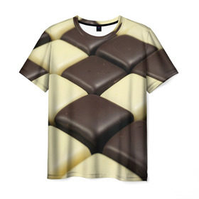 Мужская футболка 3D с принтом Шоколадные конфеты в Тюмени, 100% полиэфир | прямой крой, круглый вырез горловины, длина до линии бедер | Тематика изображения на принте: десерт | еда | конфеты | сладкое | структуры | шахматы | шоколад