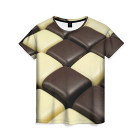 Женская футболка 3D с принтом Шоколадные конфеты в Тюмени, 100% полиэфир ( синтетическое хлопкоподобное полотно) | прямой крой, круглый вырез горловины, длина до линии бедер | десерт | еда | конфеты | сладкое | структуры | шахматы | шоколад