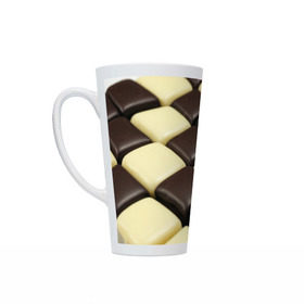 Кружка Латте с принтом Шоколадные конфеты в Тюмени, Белая керамика | Объем 480 мл; Высота 150 мм; Диаметр 90 мм | Тематика изображения на принте: десерт | еда | конфеты | сладкое | структуры | шахматы | шоколад