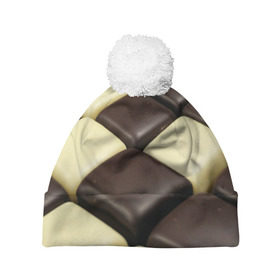 Шапка 3D c помпоном с принтом Шоколадные конфеты в Тюмени, 100% полиэстер | универсальный размер, печать по всей поверхности изделия | Тематика изображения на принте: десерт | еда | конфеты | сладкое | структуры | шахматы | шоколад