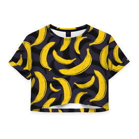 Женская футболка 3D укороченная с принтом Бананы в Тюмени, 100% полиэстер | круглая горловина, длина футболки до линии талии, рукава с отворотами | bananas | food. vegan | fruit | yellow | бананы | веган | еда | желтый | фрукты