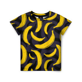 Детская футболка 3D с принтом Бананы в Тюмени, 100% гипоаллергенный полиэфир | прямой крой, круглый вырез горловины, длина до линии бедер, чуть спущенное плечо, ткань немного тянется | Тематика изображения на принте: bananas | food. vegan | fruit | yellow | бананы | веган | еда | желтый | фрукты