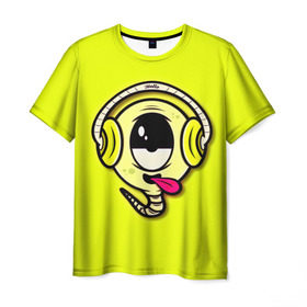 Мужская футболка 3D с принтом Музыкальный червячок в Тюмени, 100% полиэфир | прямой крой, круглый вырез горловины, длина до линии бедер | Тематика изображения на принте: 3d | другие | желтый | картинка | минимализм | музыка | наушники | прикол | прикольные | смешно | смешные | цветные | червяк | язык | яркие