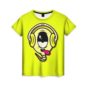 Женская футболка 3D с принтом Музыкальный червячок в Тюмени, 100% полиэфир ( синтетическое хлопкоподобное полотно) | прямой крой, круглый вырез горловины, длина до линии бедер | 3d | другие | желтый | картинка | минимализм | музыка | наушники | прикол | прикольные | смешно | смешные | цветные | червяк | язык | яркие