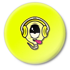 Значок с принтом Музыкальный червячок в Тюмени,  металл | круглая форма, металлическая застежка в виде булавки | 3d | другие | желтый | картинка | минимализм | музыка | наушники | прикол | прикольные | смешно | смешные | цветные | червяк | язык | яркие