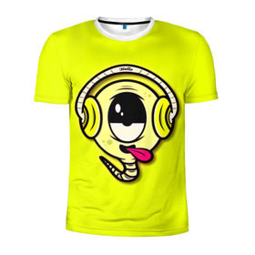 Мужская футболка 3D спортивная с принтом Музыкальный червячок в Тюмени, 100% полиэстер с улучшенными характеристиками | приталенный силуэт, круглая горловина, широкие плечи, сужается к линии бедра | 3d | другие | желтый | картинка | минимализм | музыка | наушники | прикол | прикольные | смешно | смешные | цветные | червяк | язык | яркие