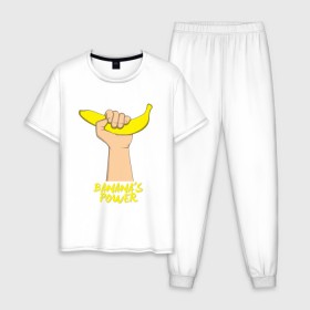 Мужская пижама хлопок с принтом Сила бананов в Тюмени, 100% хлопок | брюки и футболка прямого кроя, без карманов, на брюках мягкая резинка на поясе и по низу штанин
 | Тематика изображения на принте: banana | power | банан | банана | еда | пальма | сила