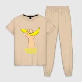 Женская пижама хлопок с принтом Сила бананов в Тюмени, 100% хлопок | брюки и футболка прямого кроя, без карманов, на брюках мягкая резинка на поясе и по низу штанин | Тематика изображения на принте: banana | power | банан | банана | еда | пальма | сила