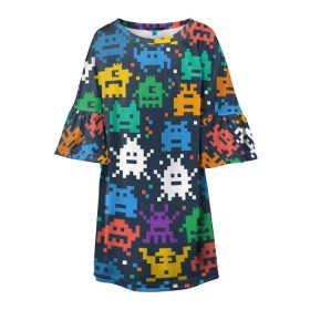 Детское платье 3D с принтом Монстры пиксели в Тюмени, 100% полиэстер | прямой силуэт, чуть расширенный к низу. Круглая горловина, на рукавах — воланы | camo | camouflage | game | halloween | minecraft | pacman | pixel | space invaders | игра | камуфляж | классика | майнкрафт | монстры | пиксели | пиксель | хэллоуин