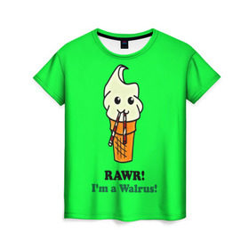 Женская футболка 3D с принтом Смешное мороженко в Тюмени, 100% полиэфир ( синтетическое хлопкоподобное полотно) | прямой крой, круглый вырез горловины, длина до линии бедер | минимализм | мороженко | я морж
