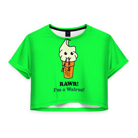 Женская футболка 3D укороченная с принтом Смешное мороженко в Тюмени, 100% полиэстер | круглая горловина, длина футболки до линии талии, рукава с отворотами | минимализм | мороженко | я морж
