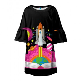 Детское платье 3D с принтом Космос в Тюмени, 100% полиэстер | прямой силуэт, чуть расширенный к низу. Круглая горловина, на рукавах — воланы | Тематика изображения на принте: звезды | космос | планета | ракета