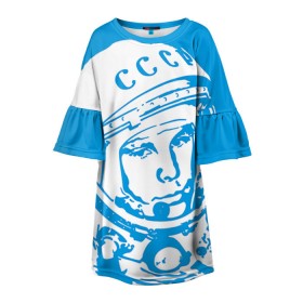 Детское платье 3D с принтом Гагарин 1 в Тюмени, 100% полиэстер | прямой силуэт, чуть расширенный к низу. Круглая горловина, на рукавах — воланы | Тематика изображения на принте: гагарин | день космонавтики | звезды | космос