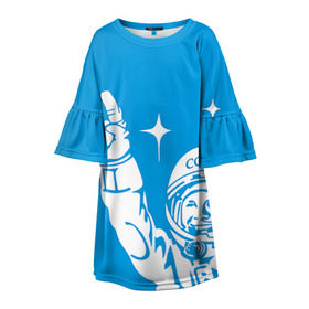 Детское платье 3D с принтом Гагарин 2 в Тюмени, 100% полиэстер | прямой силуэт, чуть расширенный к низу. Круглая горловина, на рукавах — воланы | Тематика изображения на принте: гагарин | день космонавтики | звезды | космос