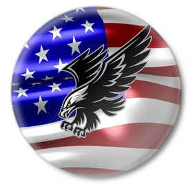Значок с принтом Флаг США с орлом в Тюмени,  металл | круглая форма, металлическая застежка в виде булавки | usa | америка | белоголовый | герб | государство | доллар | дядя сэм | звездно полосатый флаг | лысый | нато | оон | орел | птица | свобода | символ | соединённые штаты америки | страна | сша | штат