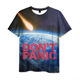 Мужская футболка 3D с принтом Без паники, метеорит в Тюмени, 100% полиэфир | прямой крой, круглый вырез горловины, длина до линии бедер | Тематика изображения на принте: do not panic | dont panic | апокалипсис | без паники | взрыв | гибель | земля | классная | комета | конец света | космос | крутая | метеорит | не надо | прикол | прикольная надпись | ужас