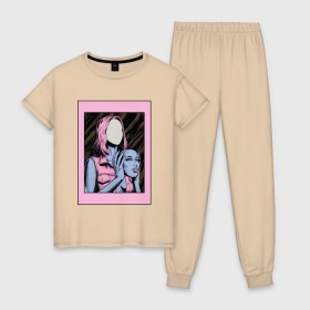 Женская пижама хлопок с принтом Без лица в Тюмени, 100% хлопок | брюки и футболка прямого кроя, без карманов, на брюках мягкая резинка на поясе и по низу штанин | без лица | девушка | лицо в руках | розовые волосы