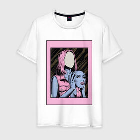 Мужская футболка хлопок с принтом Без лица в Тюмени, 100% хлопок | прямой крой, круглый вырез горловины, длина до линии бедер, слегка спущенное плечо. | Тематика изображения на принте: без лица | девушка | лицо в руках | розовые волосы