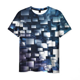 Мужская футболка 3D с принтом 3D куб в Тюмени, 100% полиэфир | прямой крой, круглый вырез горловины, длина до линии бедер | Тематика изображения на принте: абстракция | геометрия | квадраты | металлический | синие | стальные | текстура | фигуры