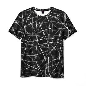 Мужская футболка 3D с принтом Колючая проволка в Тюмени, 100% полиэфир | прямой крой, круглый вырез горловины, длина до линии бедер | белый | гранж | забор | колючка | ограда | паттерн | черно белый | черный | шипы