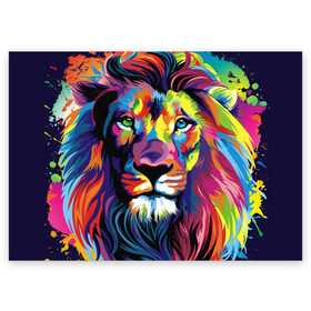 Поздравительная открытка с принтом Красочный лев в Тюмени, 100% бумага | плотность бумаги 280 г/м2, матовая, на обратной стороне линовка и место для марки
 | Тематика изображения на принте: краски | красочный лев | рисунок | узор