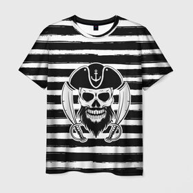 Мужская футболка 3D с принтом Тельняшка в Тюмени, 100% полиэфир | прямой крой, круглый вырез горловины, длина до линии бедер | геометрия | линии | море | океан | оружие | пират | полосы | тельняшка | череп | черно белый | шляпа | якорь