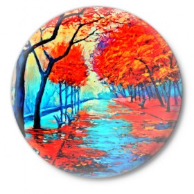 Значок с принтом Autumn в Тюмени,  металл | круглая форма, металлическая застежка в виде булавки | 3d | вода | деревья | другие | желтый | живопись | картинка | краски | листья | осень | пейзаж | прикольные | природа | река | рисунок | яркие