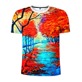 Мужская футболка 3D спортивная с принтом Autumn в Тюмени, 100% полиэстер с улучшенными характеристиками | приталенный силуэт, круглая горловина, широкие плечи, сужается к линии бедра | 3d | вода | деревья | другие | желтый | живопись | картинка | краски | листья | осень | пейзаж | прикольные | природа | река | рисунок | яркие
